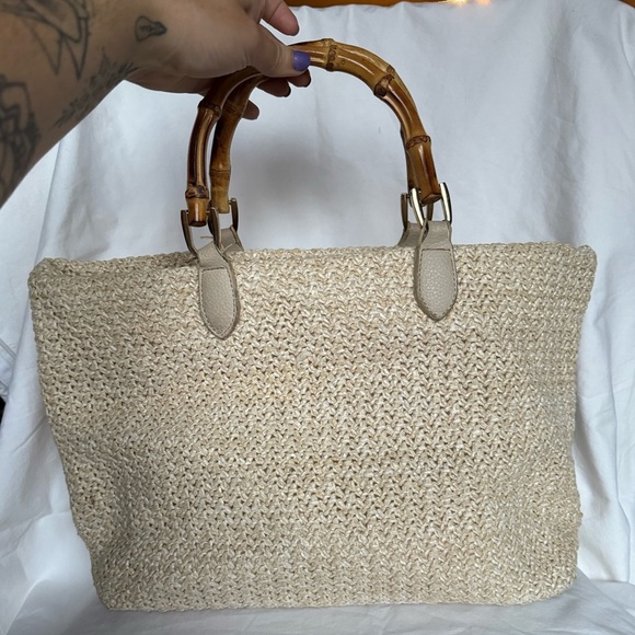 Moda Luxe Cream Raffia Isla Wood Handle Purse - Picture 3 of 13